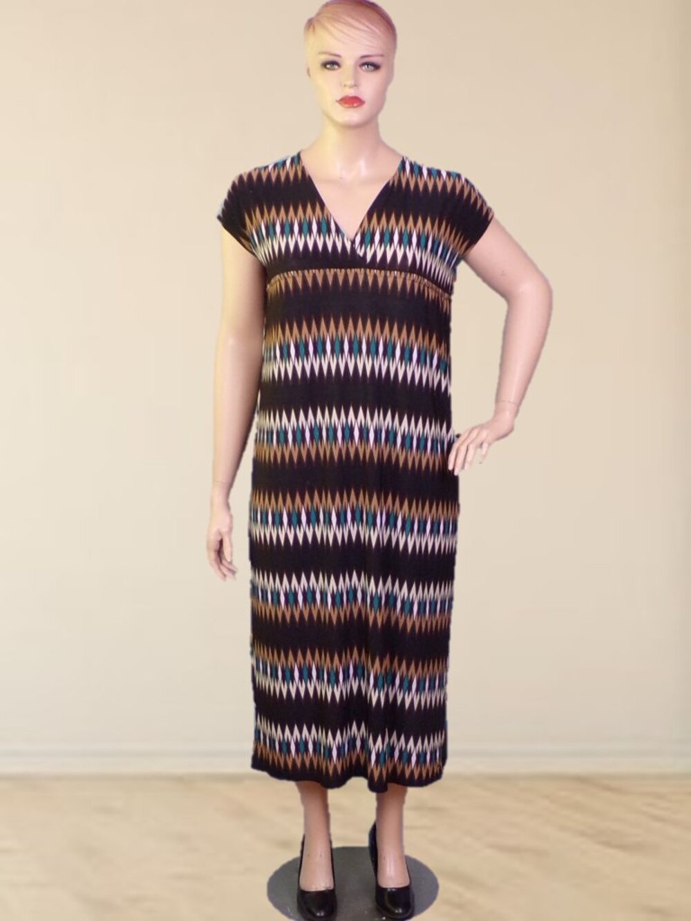 CRISTINA LOVE size S multicolor short-sleeve midi sheath dress geometric pattern